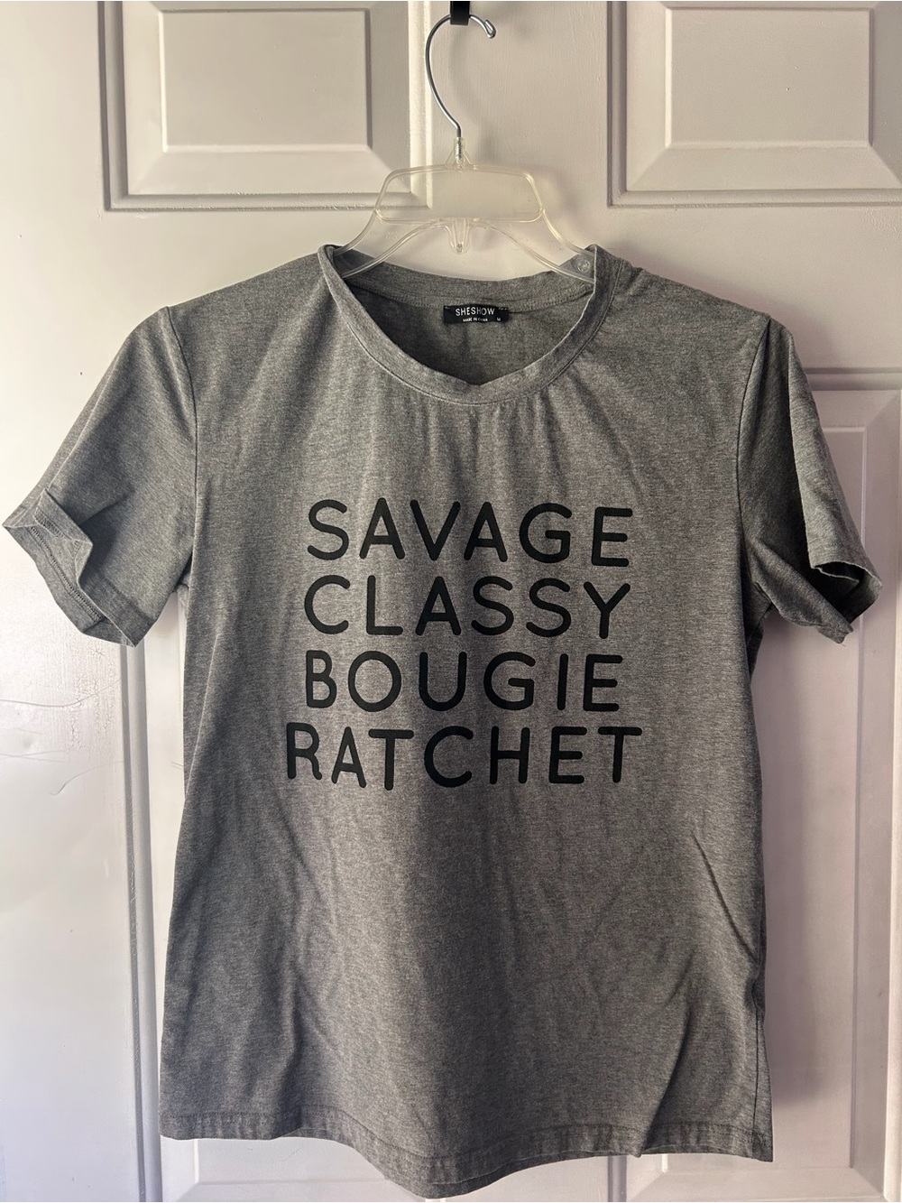 Sheshow Gray Short Sleeve Graphic Tee - Savage Classy Bougie Ratchet medium